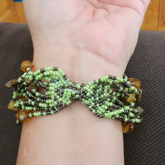 Claire's Green/Brown Multi-Strand Beaded Bohemian Style Bracelet - Picture 2 of 12